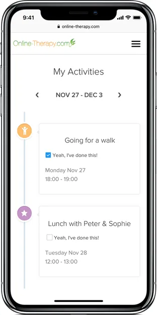 Smartphone screen showing the Online-Therapy.com “My Activities” schedule feature, listing upcoming tasks with checkboxes to mark completion.