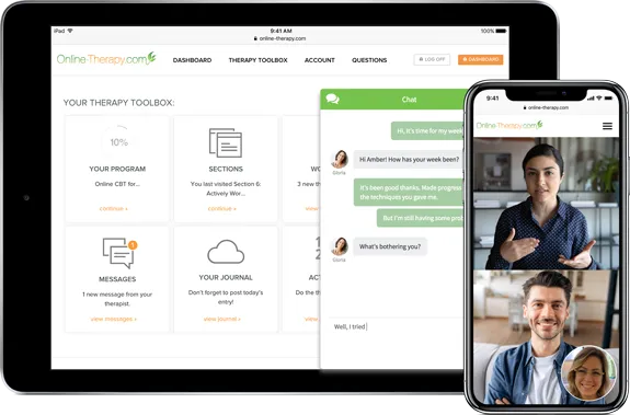 Tablet and phone showcasing the Online-Therapy.com platform, including chat messages, therapy toolbox, and live video call interface.