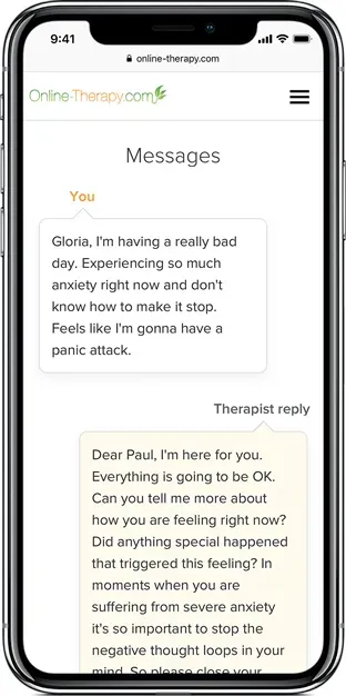 Screenshot of a smartphone displaying a text conversation between a user and an online therapist via the Online-Therapy.com app.