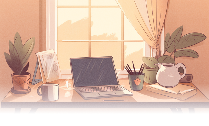 Cozy home office with laptop for virtual therapy, a piggy bank, and plants, symbolizing online therapy costs.